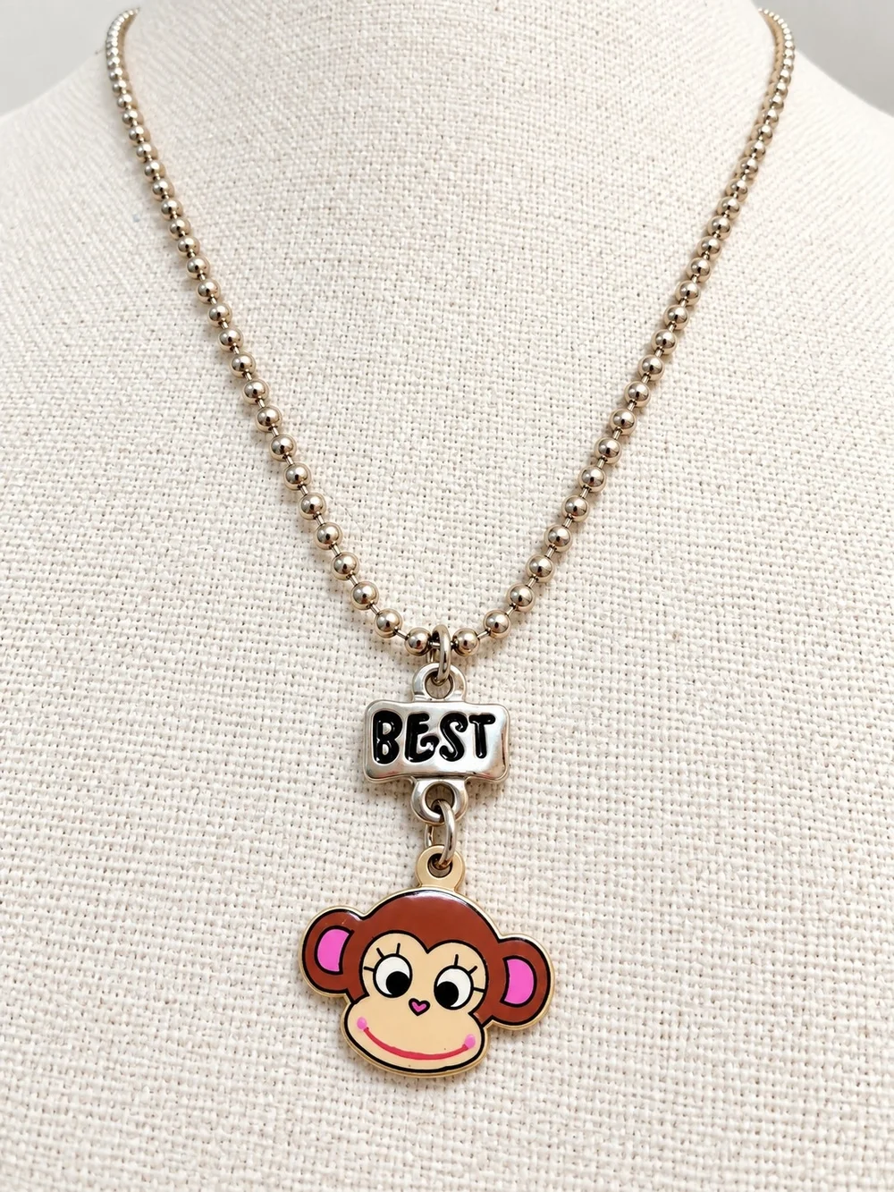 Best Friend Monkey Pendant Necklace Pink Brown Silver Tone Kids 16